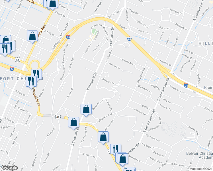 map of restaurants, bars, coffee shops, grocery stores, and more near 712 Summitt Avenue in Chattanooga