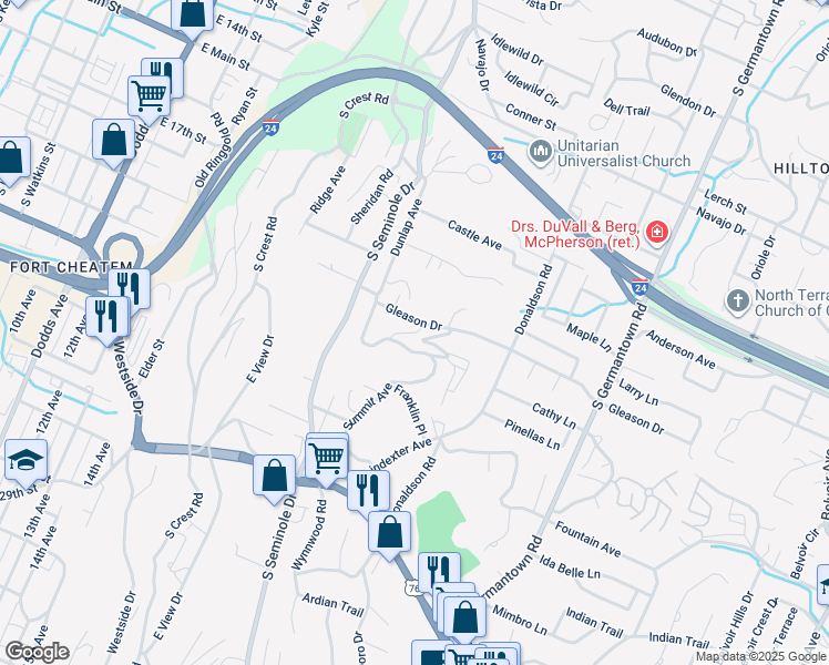 map of restaurants, bars, coffee shops, grocery stores, and more near 712 Summitt Avenue in Chattanooga