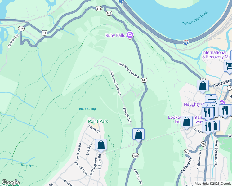 map of restaurants, bars, coffee shops, grocery stores, and more near 2829 Military Road in Chattanooga