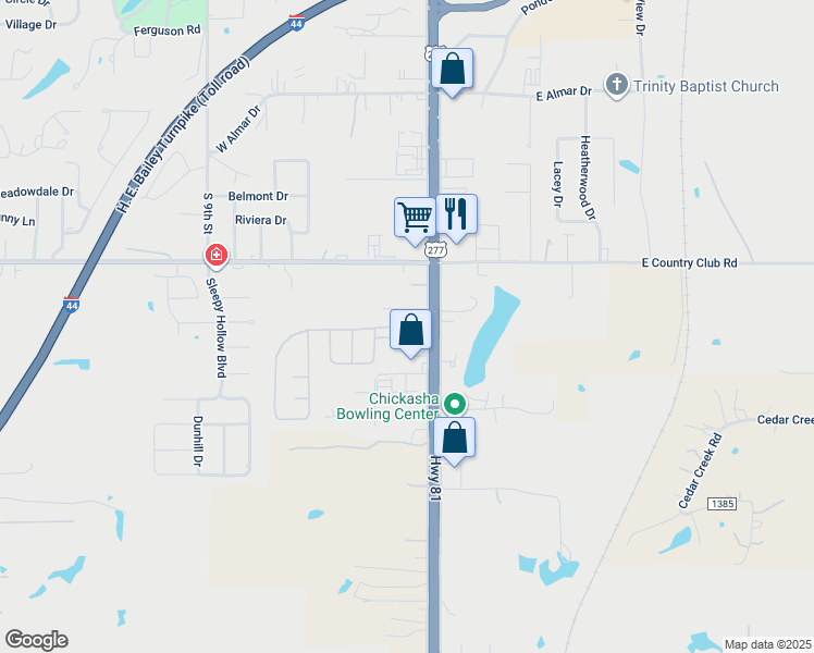 map of restaurants, bars, coffee shops, grocery stores, and more near 1-45 Parkway Drive in Chickasha