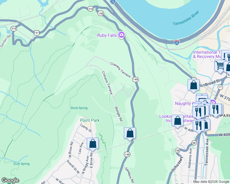 map of restaurants, bars, coffee shops, grocery stores, and more near 2829 Military Road in Chattanooga