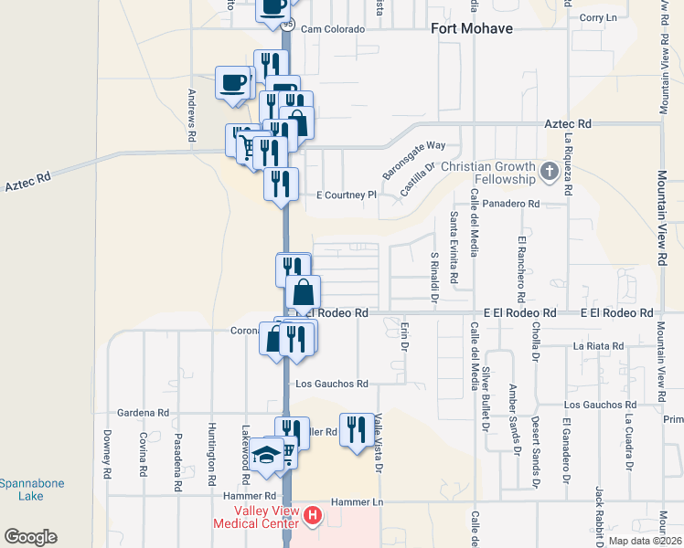 map of restaurants, bars, coffee shops, grocery stores, and more near 1545 East El Rodeo Road in Fort Mohave