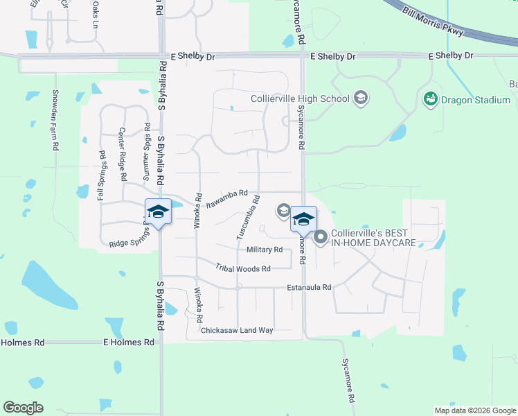 map of restaurants, bars, coffee shops, grocery stores, and more near 1195 Tuscumbia Road in Collierville
