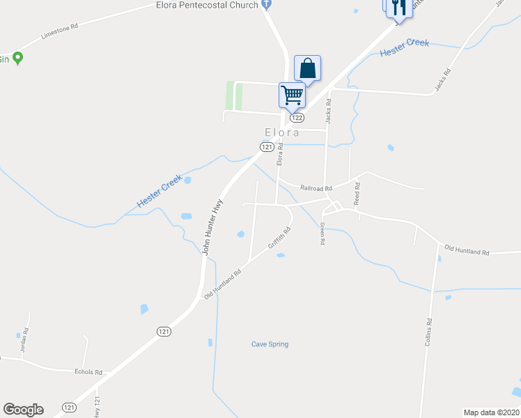 map of restaurants, bars, coffee shops, grocery stores, and more near 43 Old Huntland Road in Elora