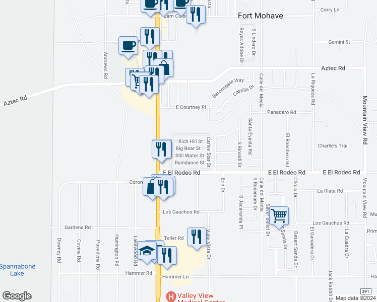 map of restaurants, bars, coffee shops, grocery stores, and more near 1545 East El Rodeo Road in Fort Mohave