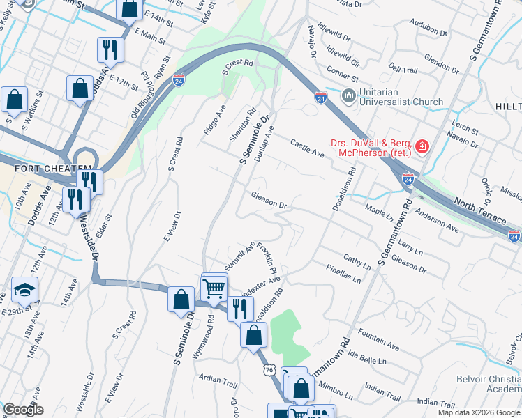map of restaurants, bars, coffee shops, grocery stores, and more near 712 Summit Avenue in Chattanooga