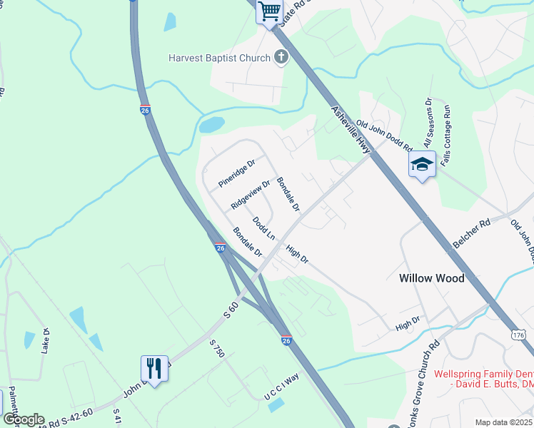 map of restaurants, bars, coffee shops, grocery stores, and more near 639 Upward Way in Spartanburg