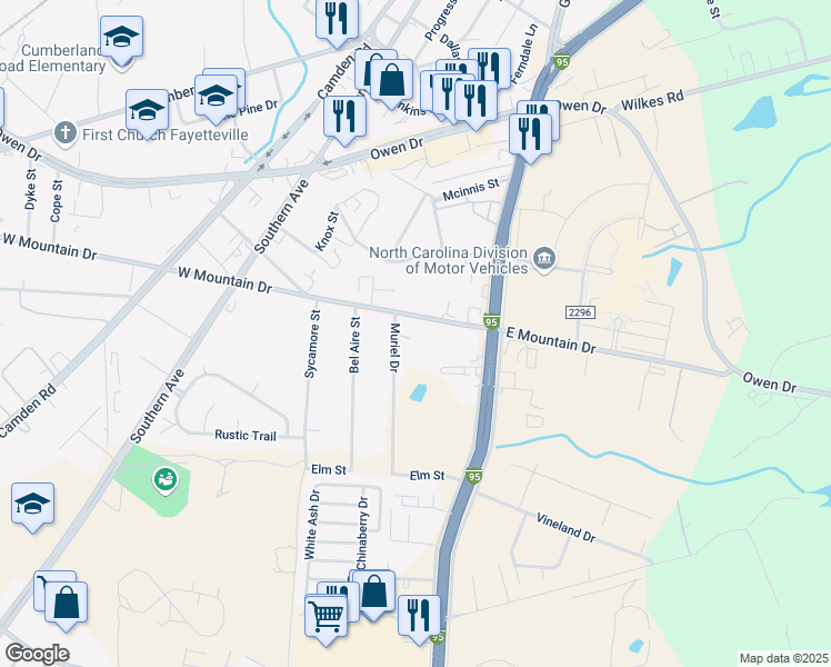 map of restaurants, bars, coffee shops, grocery stores, and more near 2505 Muriel Drive in Fayetteville
