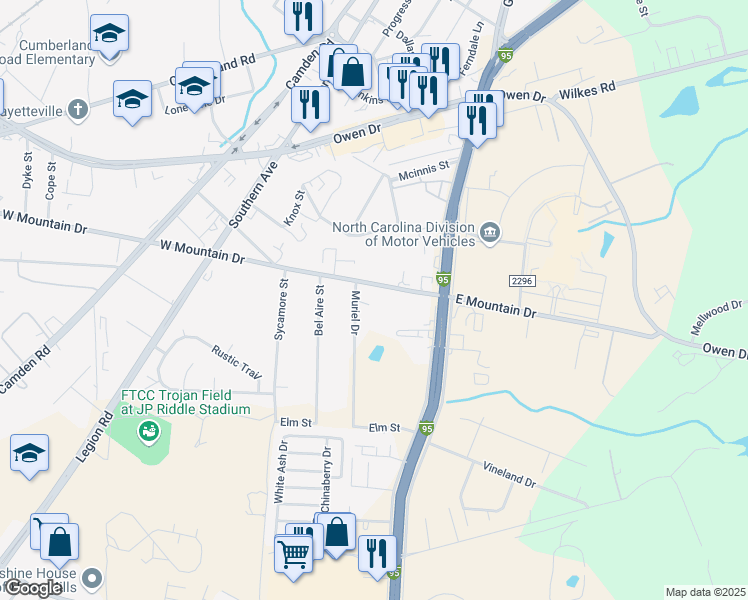 map of restaurants, bars, coffee shops, grocery stores, and more near 2505 Muriel Drive in Fayetteville