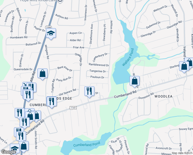 map of restaurants, bars, coffee shops, grocery stores, and more near 5009 Paulsun Drive in Fayetteville