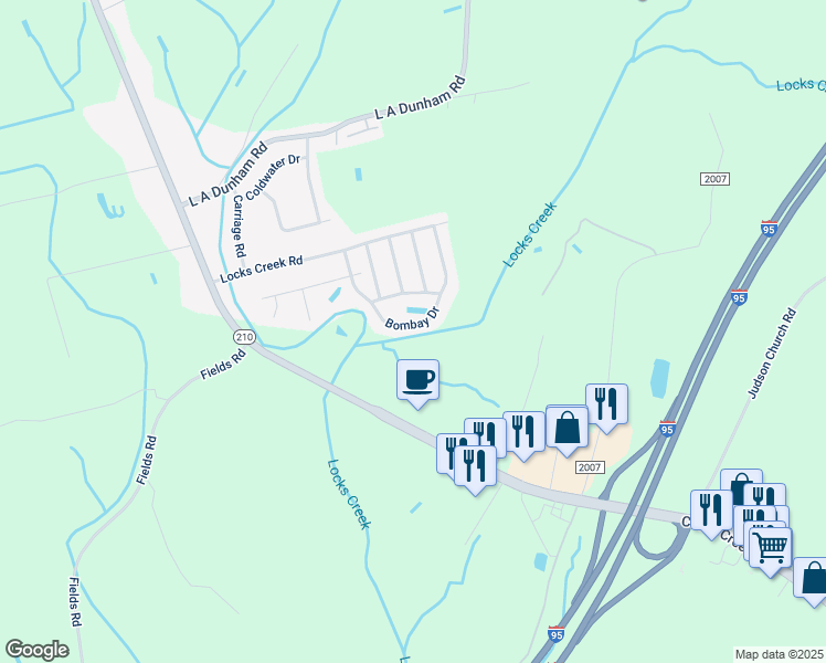 map of restaurants, bars, coffee shops, grocery stores, and more near 1209 Bombay Drive in Fayetteville