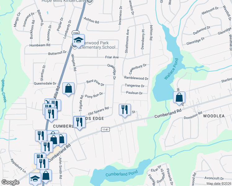 map of restaurants, bars, coffee shops, grocery stores, and more near 2171 Quailridge Dr in Fayetteville