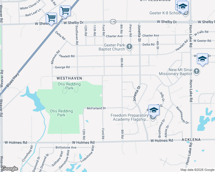map of restaurants, bars, coffee shops, grocery stores, and more near 4958 Ford Road in Memphis