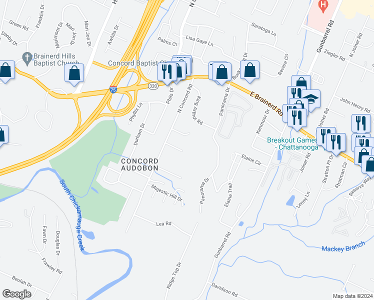 map of restaurants, bars, coffee shops, grocery stores, and more near 7551 Leemont Drive in Chattanooga