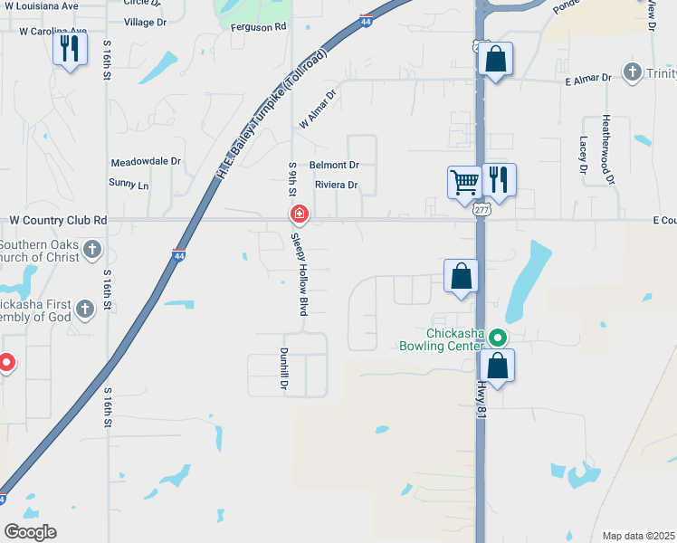map of restaurants, bars, coffee shops, grocery stores, and more near 18 Dusky Valley Ln in Chickasha
