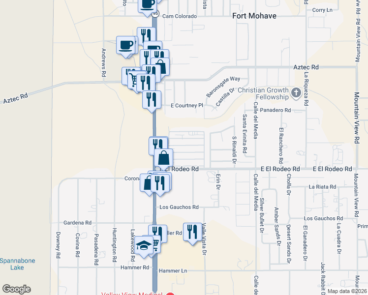 map of restaurants, bars, coffee shops, grocery stores, and more near 1545 East El Rodeo Road in Fort Mohave