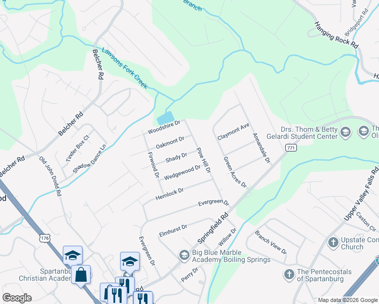 map of restaurants, bars, coffee shops, grocery stores, and more near 305 Shady Drive in Boiling Springs