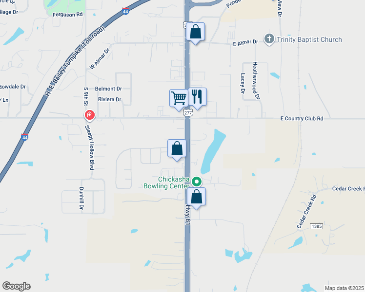 map of restaurants, bars, coffee shops, grocery stores, and more near 3318 South 4th Street in Chickasha
