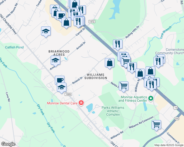 map of restaurants, bars, coffee shops, grocery stores, and more near 2340 Roland Drive in Monroe