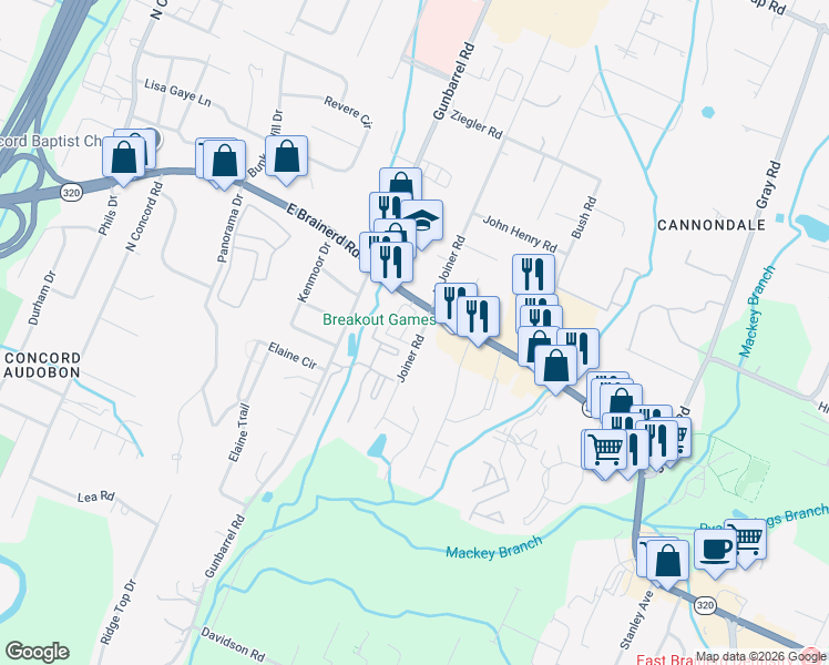 map of restaurants, bars, coffee shops, grocery stores, and more near 1327 Joiner Road in Chattanooga