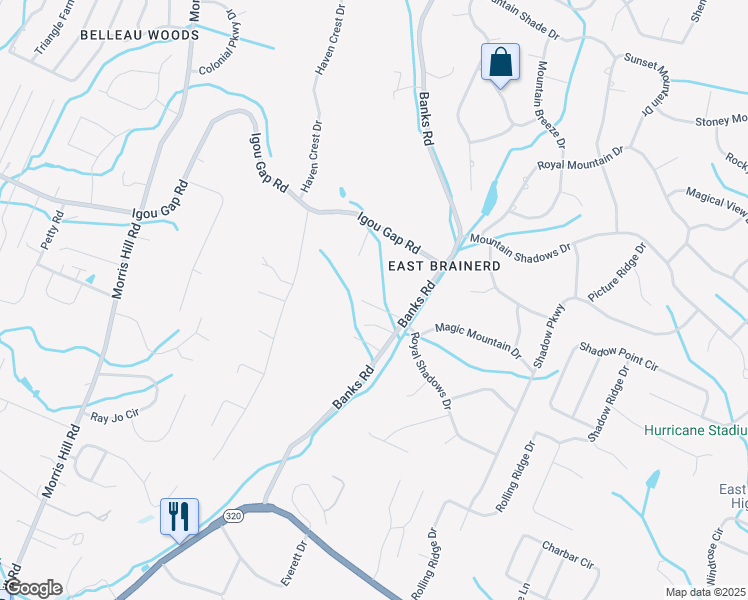 map of restaurants, bars, coffee shops, grocery stores, and more near 9127 Almond Ridge Road in Chattanooga