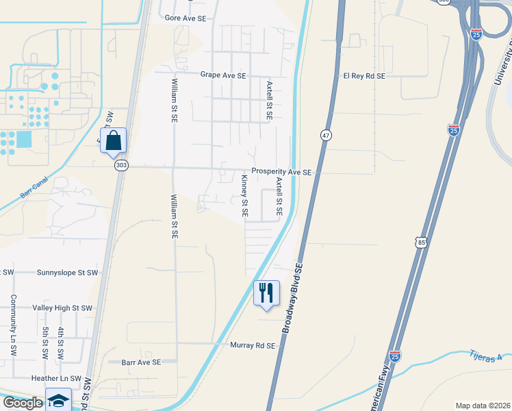 map of restaurants, bars, coffee shops, grocery stores, and more near 4616 Clay Street Southeast in Albuquerque