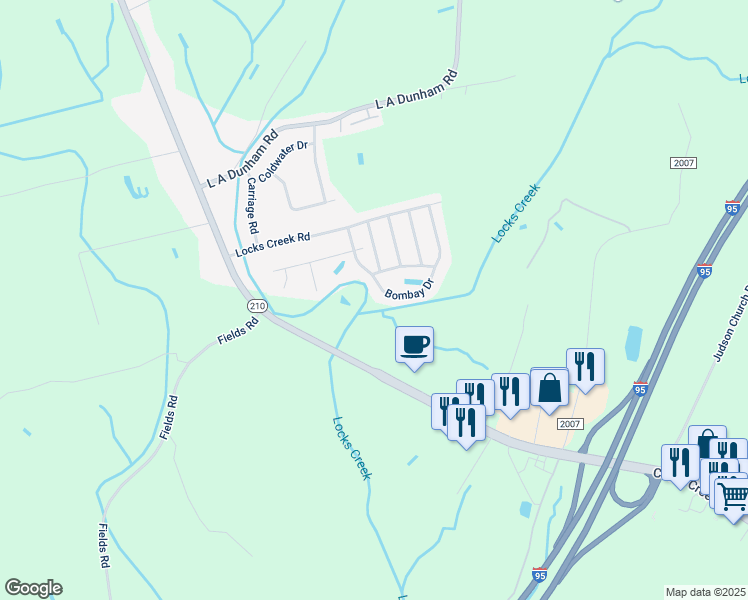 map of restaurants, bars, coffee shops, grocery stores, and more near 1237 Bombay Drive in Fayetteville