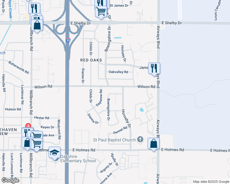 map of restaurants, bars, coffee shops, grocery stores, and more near 4957 Boeingshire Drive in Memphis
