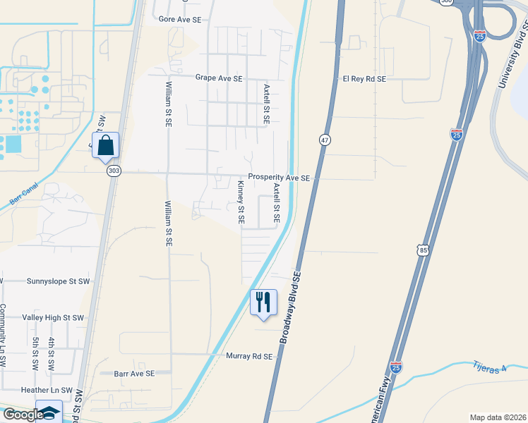 map of restaurants, bars, coffee shops, grocery stores, and more near 4616 Clay Street Southeast in Albuquerque