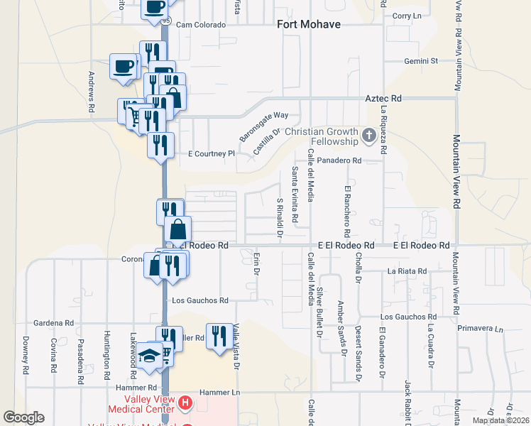 map of restaurants, bars, coffee shops, grocery stores, and more near 1633 Segovia Way in Fort Mohave