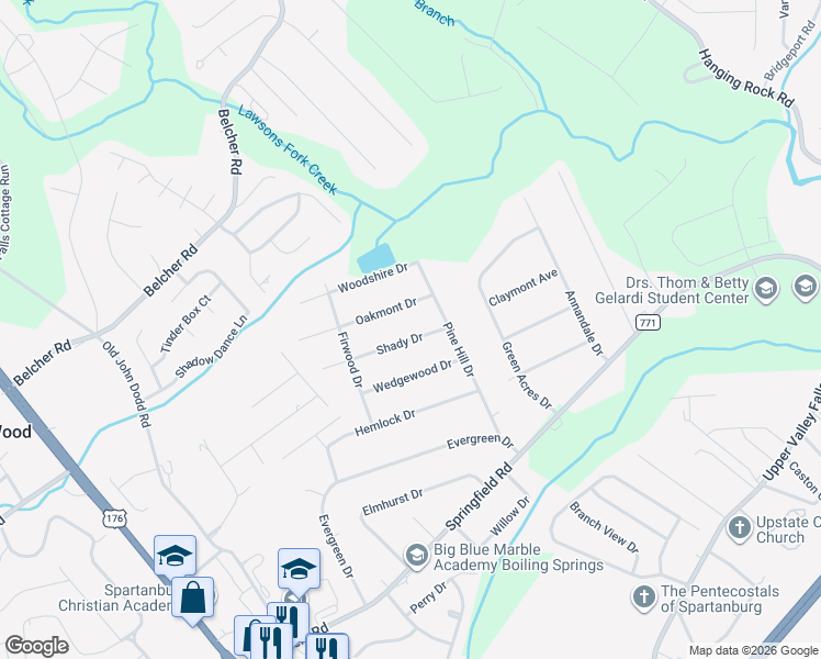 map of restaurants, bars, coffee shops, grocery stores, and more near 305 Shady Drive in Boiling Springs