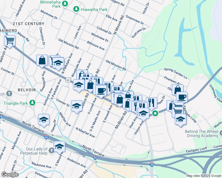 map of restaurants, bars, coffee shops, grocery stores, and more near 110 N Street Marks Avenue in Chattanooga