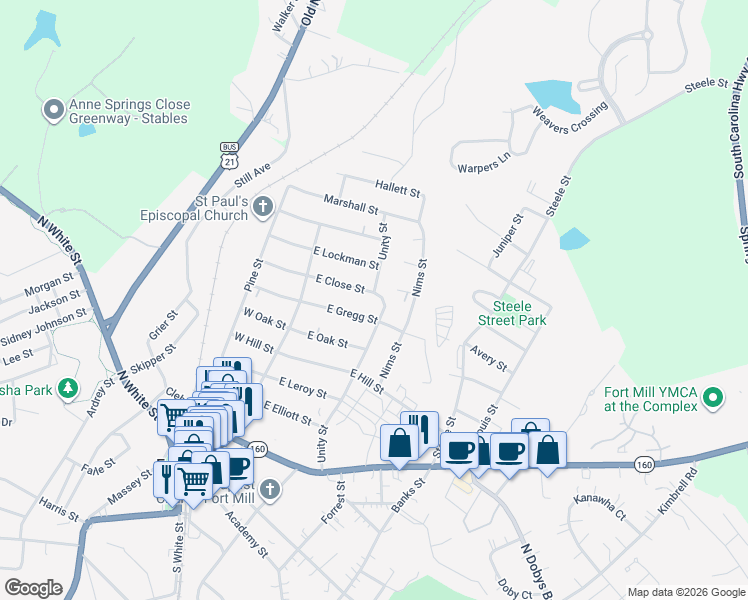 map of restaurants, bars, coffee shops, grocery stores, and more near 130 East Close Street in Fort Mill