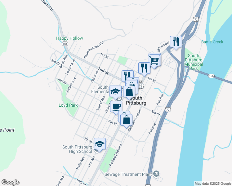 map of restaurants, bars, coffee shops, grocery stores, and more near 301 Holly Avenue in South Pittsburg