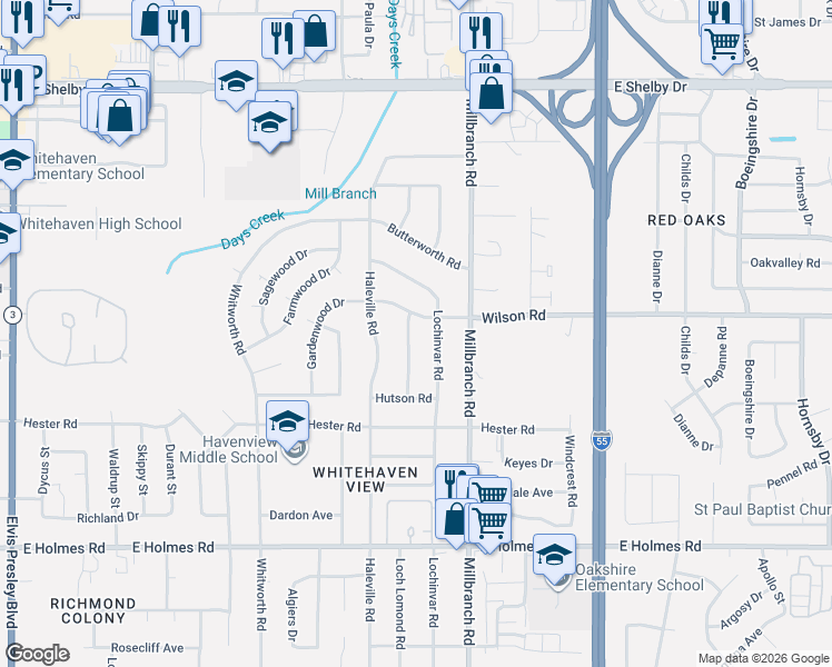 map of restaurants, bars, coffee shops, grocery stores, and more near 4969 Lochinvar Road in Memphis