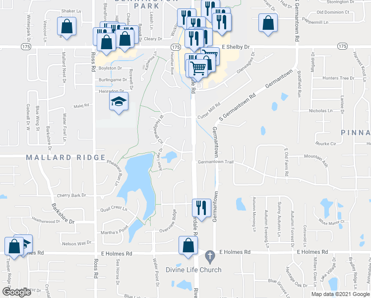 map of restaurants, bars, coffee shops, grocery stores, and more near 6946 South Hedgewall Circle in Memphis