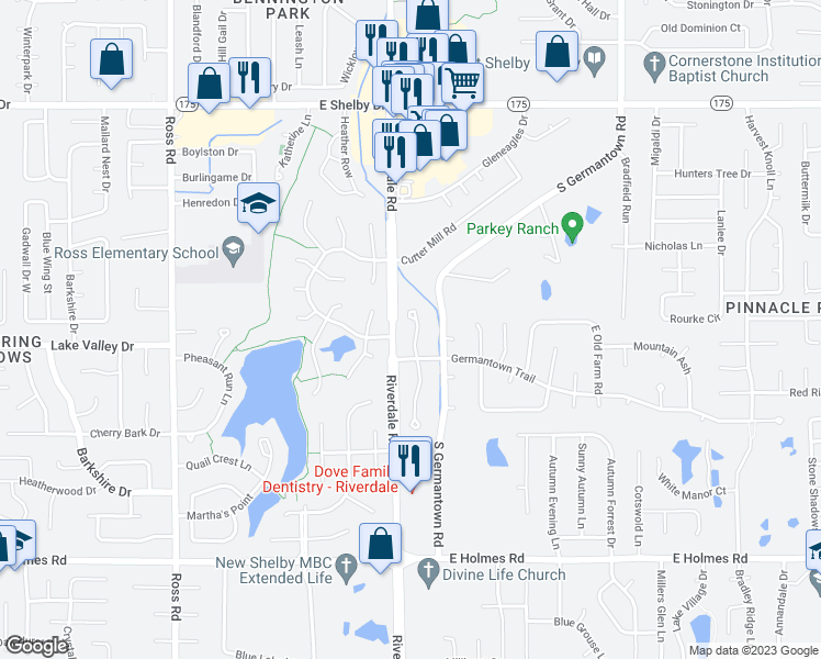 map of restaurants, bars, coffee shops, grocery stores, and more near 4953 Brooksbank Cove North in Memphis