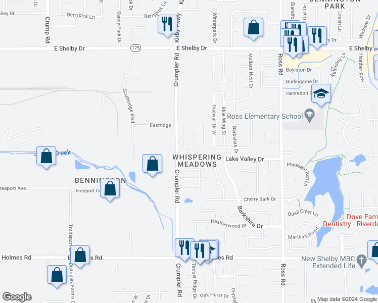 map of restaurants, bars, coffee shops, grocery stores, and more near 6465 Copper Valley Drive South in Memphis