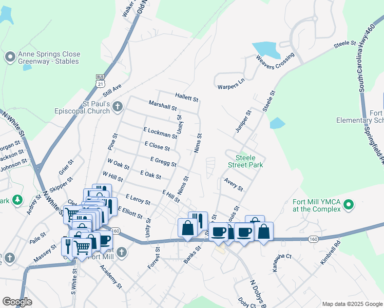 map of restaurants, bars, coffee shops, grocery stores, and more near 503 Nims Street in Fort Mill