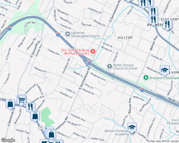 map of restaurants, bars, coffee shops, grocery stores, and more near 518 South Germantown Road in Chattanooga