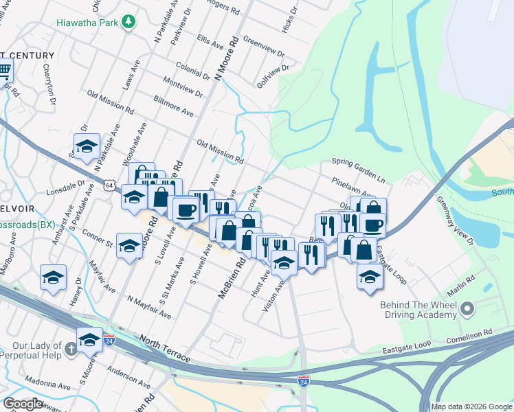 map of restaurants, bars, coffee shops, grocery stores, and more near 207 Tacoa Avenue in Chattanooga