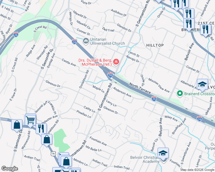 map of restaurants, bars, coffee shops, grocery stores, and more near 518 South Germantown Road in Chattanooga