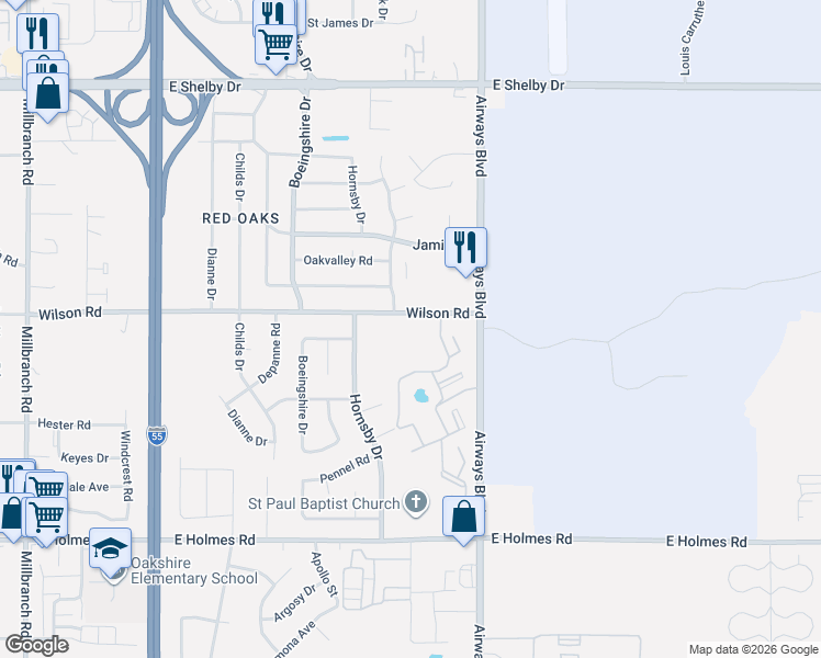 map of restaurants, bars, coffee shops, grocery stores, and more near 2131 Wilson Road in Memphis