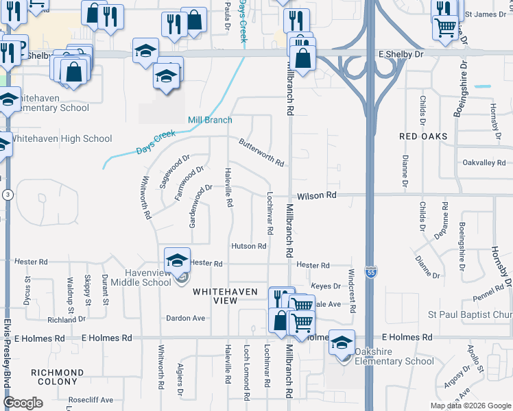 map of restaurants, bars, coffee shops, grocery stores, and more near 4969 Lochinvar Road in Memphis