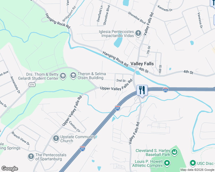 map of restaurants, bars, coffee shops, grocery stores, and more near 1281 Upper Valley Falls Road in Boiling Springs