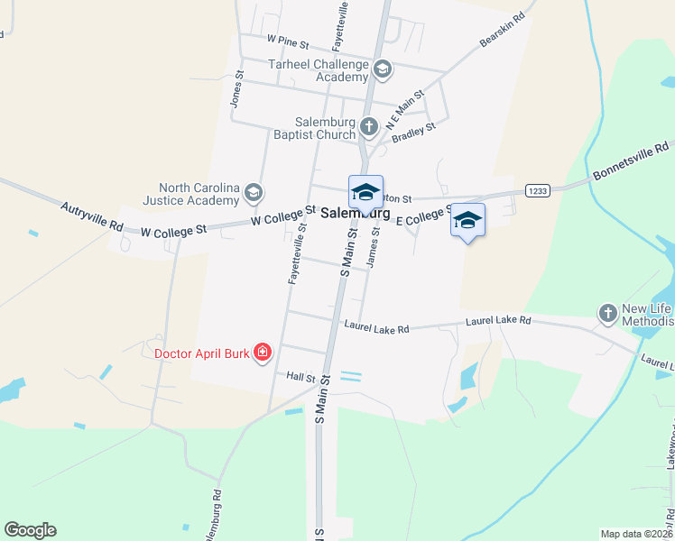 map of restaurants, bars, coffee shops, grocery stores, and more near 202 South Main Street in Salemburg