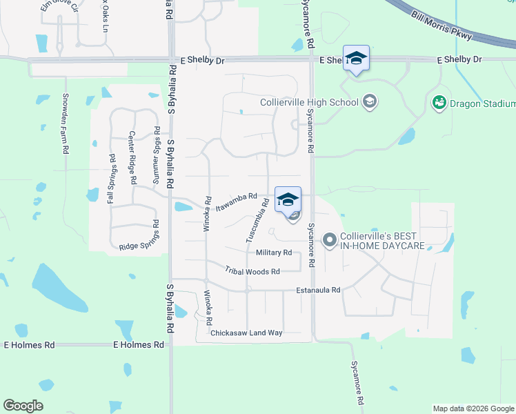 map of restaurants, bars, coffee shops, grocery stores, and more near 1195 Tuscumbia Road in Collierville
