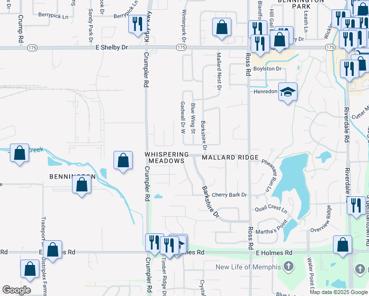 map of restaurants, bars, coffee shops, grocery stores, and more near 6535 Goldeneye Drive in Memphis