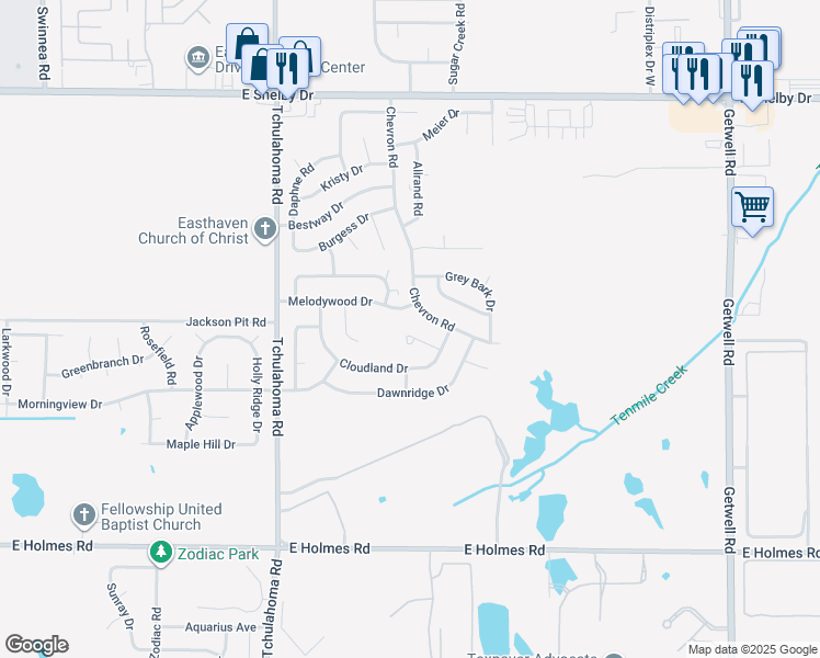 map of restaurants, bars, coffee shops, grocery stores, and more near 3434 Feldspar Cove in Memphis