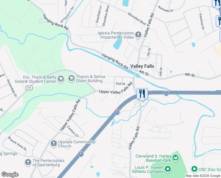map of restaurants, bars, coffee shops, grocery stores, and more near 1281 Upper Valley Falls Road in Boiling Springs